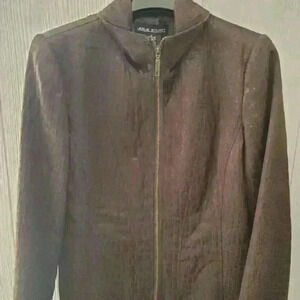 Vintage Leslie Stuart 2 PC suit brown print jacket and skirt women's size 12